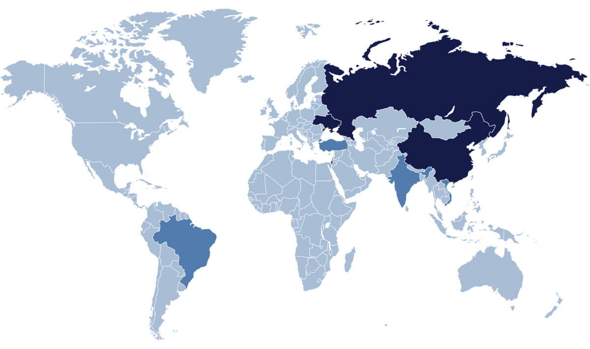 A map showing emerging markets and highlighting key players in geopolitics.